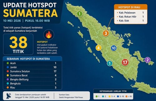 Sebaran titik panas di Sumatera dan Riau sore ini.(infografis/halloriau.com)